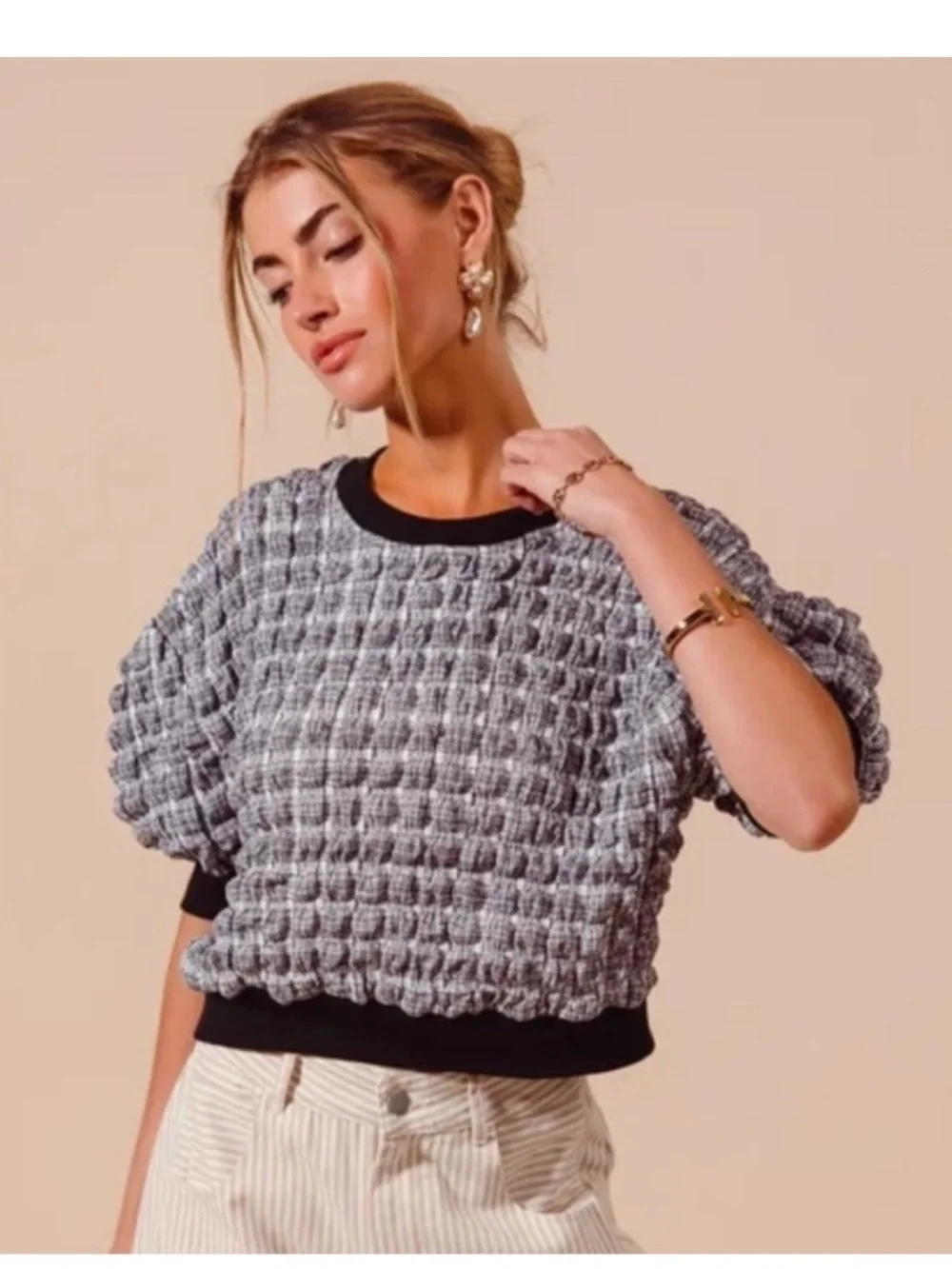 Anthropologie Maeve Puff-Sleeve Bubble Windowpane Top